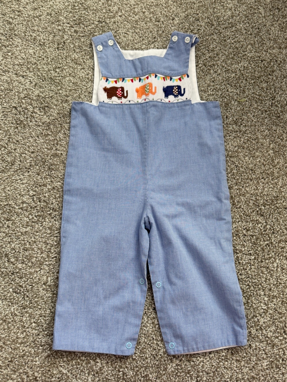 Little English Light Blue Smocked Elephant Overalls